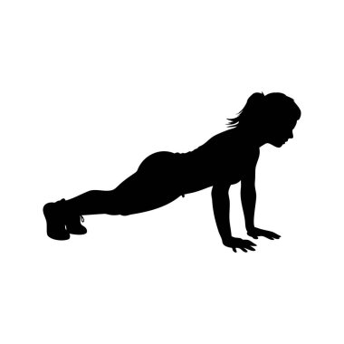 Rutin egzersiz sırasında şınav çeken bir kadının silueti, siluet vektör çizimi yapan kadın atlet.