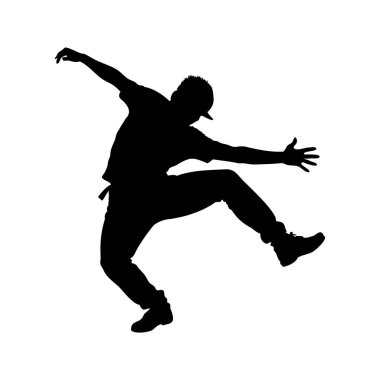 Bir Breakdansçı 'nın dinamik silueti Güçlü ve Enerjik Dans Hareketleri, hip hop dansçısı dondurucu hareketler yapıyor siluet vektör çizimi