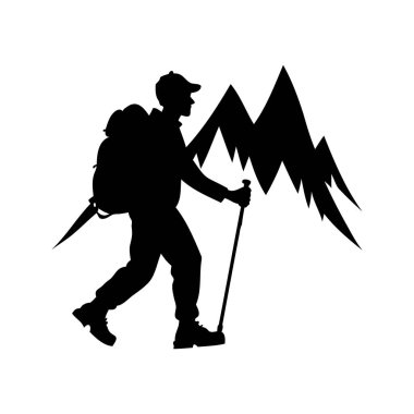 Sırt çantalı bir yürüyüşçünün silueti Trek Direği kullanarak dağlara tırmanıyor, dağlarda yürüyüş yapıyor, siluet vektör çizimi yapıyor.
