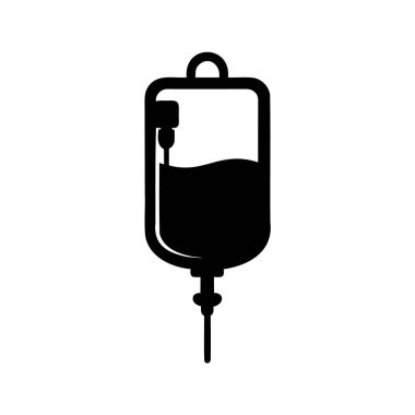 Tıbbi serum sıvı torbasının siyah beyaz görüntüsü ve tüp, serum damlası siluet vektör çizimi