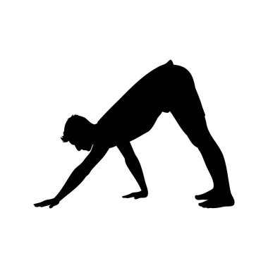 Aşağı doğru bakan bir adamın silueti köpek yoga pozisyonuna bakıyor, aşağı doğru köpek pozisyonundaki adam siluet vektör çizimi yapıyor.