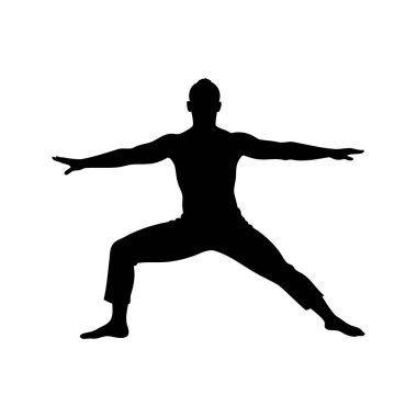 Savaşçı II 'nin beyaz arka planda yoga pozunu gösteren silueti, Savaşçı II siluet vektör çizimi.
