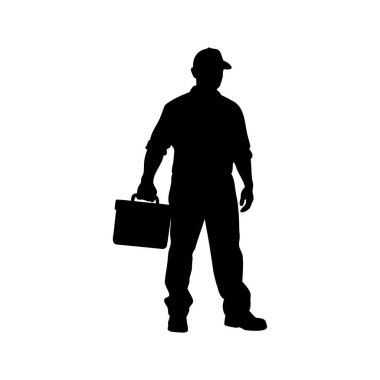 İş kıyafetleri içinde evrak çantası ya da alet çantası taşıyan bir adamın silüeti. Elinde alet çantası silueti çizimi olan bir tamirci.