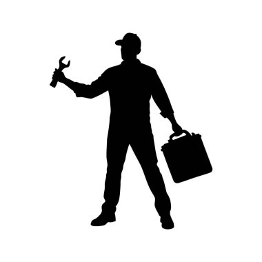 Bir tamirci silueti, bir anahtar ve alet çantası tutuyor, tamir etmeye hazır, yağ tenekesi vektör çizimi ile tamirci