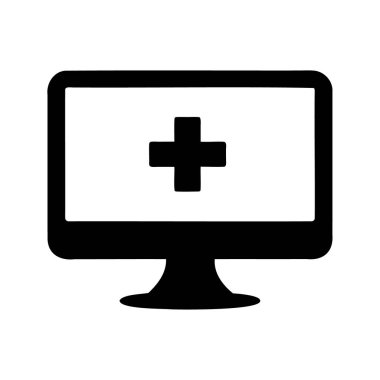 Bilgisayar ekranı tıbbi haç gösteriyor, çevrimiçi sağlık hizmetlerini gösteriyor, tıbbi bilgisayar ekranı silüet vektör çizimi
