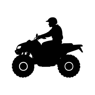 Silüet vektör çiziminde siyah, off-road atv kullanan bir arazi aracına binen bir kişinin silueti