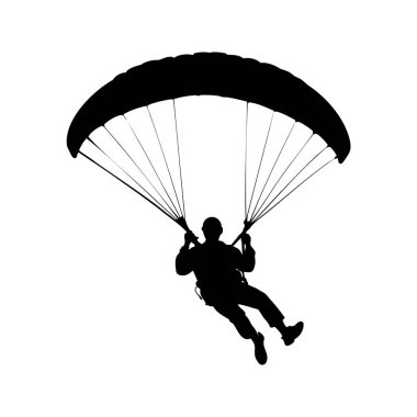 Beyaz arkaplana karşı bir paraglider silueti havada süzülüyor, siluet vektör çizimi paraşütle atlıyor