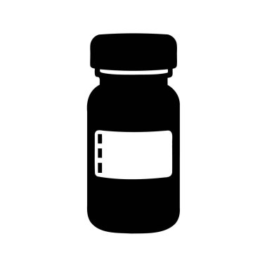 Etiketli, ilaç şişesi silueti, siluet çizimi olan bir ilaç şişesinin siyah ve beyaz silueti.