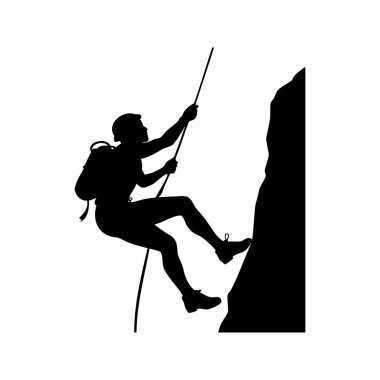 Bir kaya tırmanıcısının silueti, teçhizatla bir yamaçtan aşağıya iple iniyor, kaya tırmanışı silüeti vektör çizimi