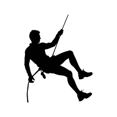 Beyaz arka planda iple aşağı inen bir adamın silueti, kaya tırmanışı siluet vektör çizimi