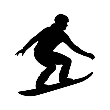 Bir Snowboardcunun hareket halindeki silueti, Yakalayıcı Hava ve Keyifli Kış Sporu, kumlu siluet vektör çizimi