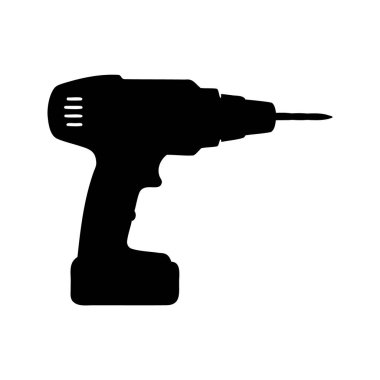 Beyaz arkaplanlı kablosuz matkabın siyah silueti, tornavida silueti çizimi