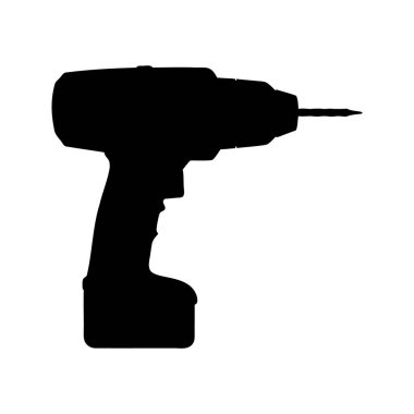 Güçlü bir kablosuz matkabın silueti, bağlı pil ve matkap ucu, tornavida silueti çizimi