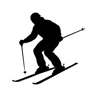 Beyaz zemin üzerinde hareket halindeki bir kayakçının silueti hareket yaratıyor, aşağı doğru kayak yapıyor, siluet vektör çizimi yapıyor