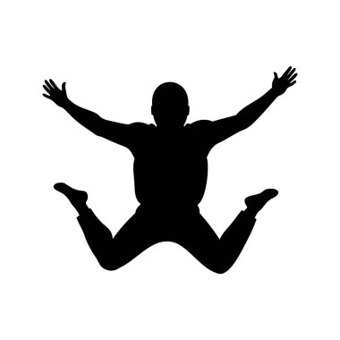Kollarıyla zıplayan neşeli bir adamın silueti. Paraşütle atlayan siluet vektör çizimi.