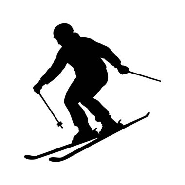 Dağdan kayak yapan bir kayakçının silüeti, kış sporları, siyah renk, kayak, siluet vektör çizimi