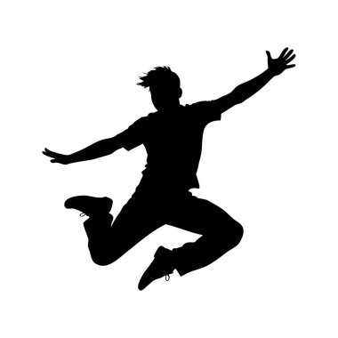 Beyaz bir arka planda kollarını açmış zıplayan bir kişinin silueti. Sokak dansçısı, siluet vektör çiziminin ortasında.