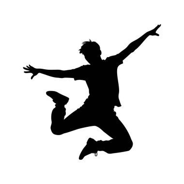 Genç bir adamın silueti, kollarını açıp neşeli bir şekilde poz veriyor. Sokak dansçısı, silüet vektör çiziminin ortasında.
