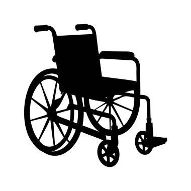 Beyaz arka planda standart bir tekerlekli sandalyenin siyah silüeti, tekerlekli sandalye silueti çizimi