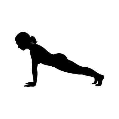 Çekirdek güçlendirme ve zindelik için tahta egzersizi yapan bir kadının silüeti, siluet vektör çizimi yapan bir kadın.