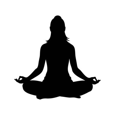 Lotus pozunda meditasyon yapan bir kadının silueti, iç huzuru kucaklayan, çapraz uykuya dalmış siluet vektör çizimi yapan bir kadın.