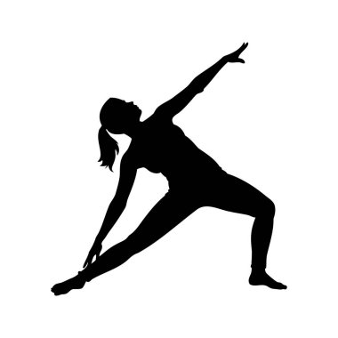 Geniş üçgen pozlar veren bir kadının silueti yoga pozu, yan vücut silüeti çizimi yapan bir kadın.