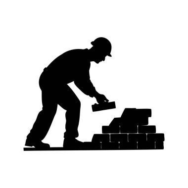 Duvarı ören tuğla ustasının silueti, başlık takan, tuğla döşeyen işçinin silüeti, siluet vektör çizimi.