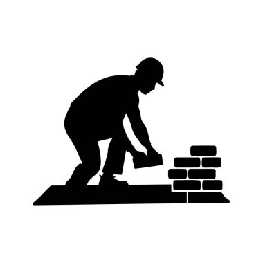 Duvara tuğla döşeyen bir inşaat işçisinin silueti, basit tasarım, tuğla döşeyen bir işçi silueti vektör çizimi