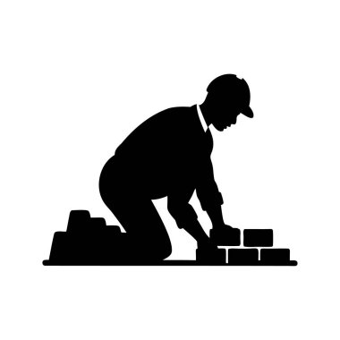 İnşaat işçisinin silueti dizlerine tuğla seriyor, işçi tuğla örüyor, siluet vektör çizimi yapıyor.