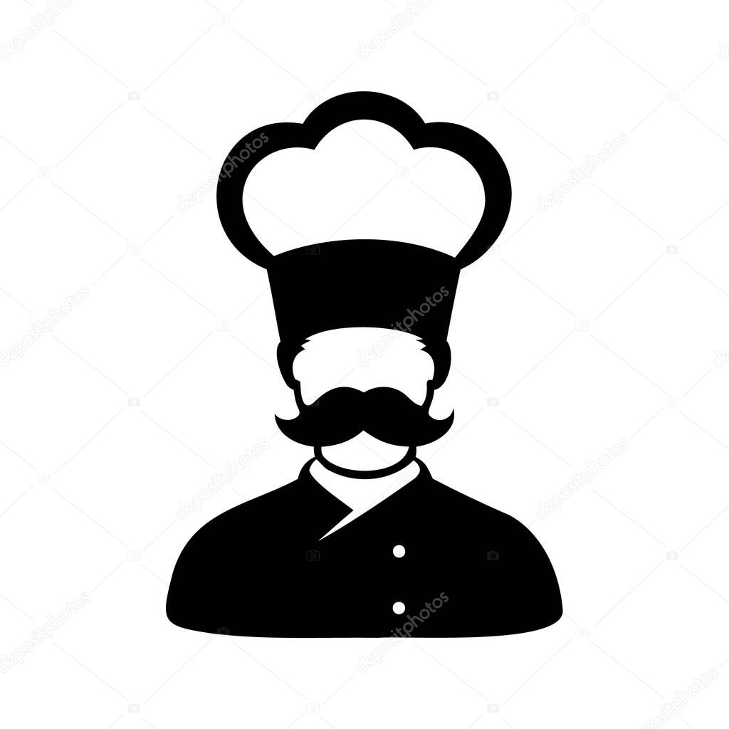 Chef with a magnificent mustache wearing a traditional toque and uniform, chef logo silhouette vector illustration