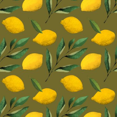 Limon ve yapraklarla kusursuz desen. Duvar kağıdı, tuval baskı, kumaş, ambalaj kağıdı, ambalaj, markalaşma için harika..