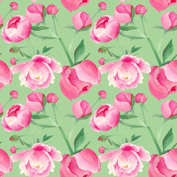 Modello Acquerello Senza Soluzione Continuità Con Peonie Sfondo Verde Design — Foto Stock