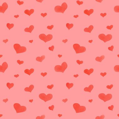 Kumaş dokusu için pembe zemin üzerinde kırmızı kalpler olan kusursuz suluboya deseni, çocuk aksesuarları tasarımı ve dekorasyonu