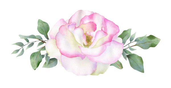 Watercolor floral composition with rose and eucalyptus leaves for wedding invitation design, decor