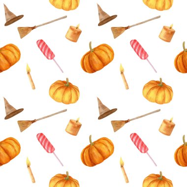 Suluboya el, balkabakları, şapkalar, lolipoplar, mumlar, sonbahar dekorasyonu için süpürgeler ile kusursuz desenler çizdi.