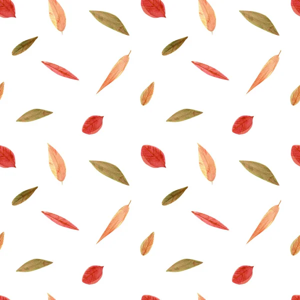 Naadloos Aquarelpatroon Met Groen Bruin Rood Geel Oranje Herfstbladeren Voor — Stockfoto