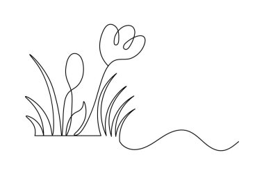 Basit çim ve çiçekler bir çizgi sanat asgari tasarım vektör tasarımı