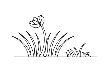 Basit çim ve çiçekler bir çizgi sanat asgari tasarım vektör tasarımı