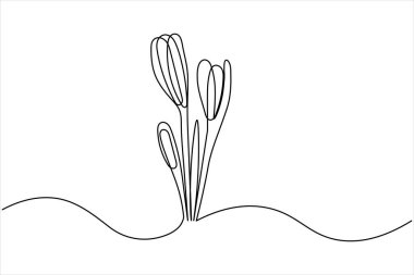 Basit çim ve çiçekler bir çizgi sanat asgari tasarım vektör tasarımı