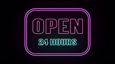 Parlak neon açık 24 saat tabelasında siyah arka planda yuvarlak çerçeve, dükkanlar, kafeler ve gece işletmeleri için ideal. 4K video
