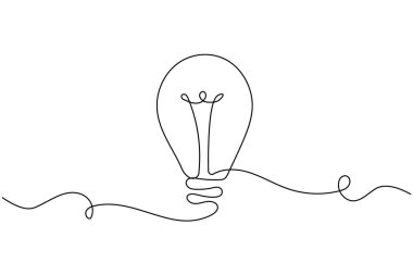 Minimalist ampul, yaratıcılığın ve yeniliğin sembolü olarak beyaz arkaplanda sürekli bir çizgi çizer.