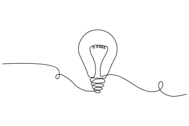 Minimalist ampul, yaratıcılığın ve yeniliğin sembolü olarak beyaz arkaplanda sürekli bir çizgi çizer.
