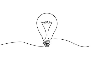 Minimalist ampul, yaratıcılığın ve yeniliğin sembolü olarak beyaz arkaplanda sürekli bir çizgi çizer.