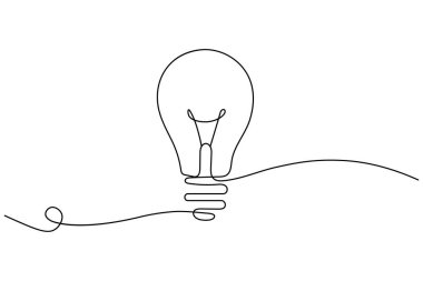 Minimalist ampul, yaratıcılığın ve yeniliğin sembolü olarak beyaz arkaplanda sürekli bir çizgi çizer.