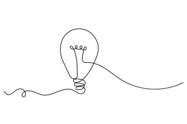 Minimalist ampul, yaratıcılığın ve yeniliğin sembolü olarak beyaz arkaplanda sürekli bir çizgi çizer.