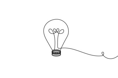 Minimalist ampul, yaratıcılığın ve yeniliğin sembolü olarak beyaz arkaplanda sürekli bir çizgi çizer.