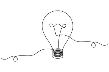 Minimalist ampul, yaratıcılığın ve yeniliğin sembolü olarak beyaz arkaplanda sürekli bir çizgi çizer.