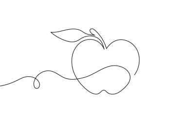 Apple minimalist tarzda sürekli bir çizgi çizer, sağlıklı yiyecekler, meyve sanatı ve modern tasarım için mükemmeldir.