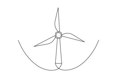 Minimalist bir rüzgar türbini çizimi temiz yenilenebilir enerji ve çevre dostu tasarımı sembolize ediyor