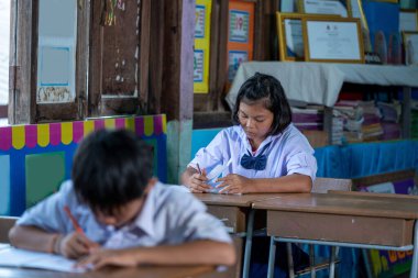 Sınıf, Eğitim, Öğrenci ve Halk konseptinde birlikte çalışan Asyalı ilköğretim öğrencileri.